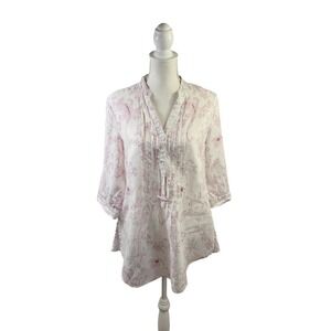 Malvin White Linen Purple Floral Notch Neck 3/4 Roll Tab Sleeve Tunic Top Medium